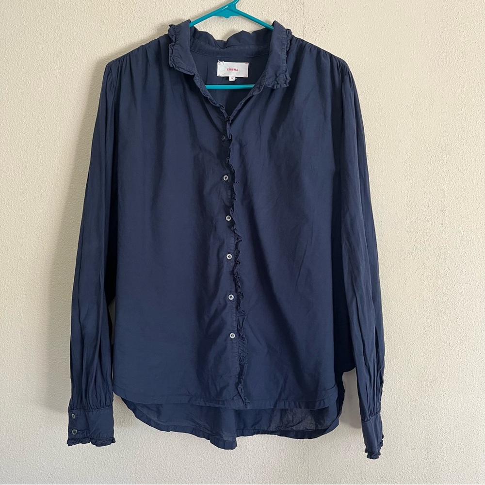 Xirena Womens Medium Navy Button Down Long Sleeve Ruffed Top Blouse